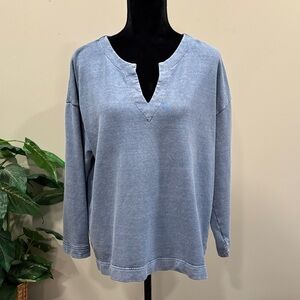 Poetry Hemp Organic Cotton Notch V-Neck Boxy Top in Denim Blue
